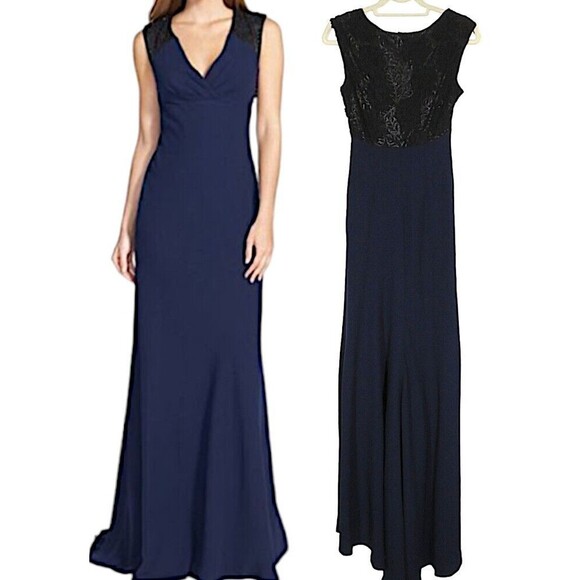 Vera Wang Dresses & Skirts - Vera Wang Navy Lace Trimmed V Neck Sleeveless Floor Length Formal Gown Size 4